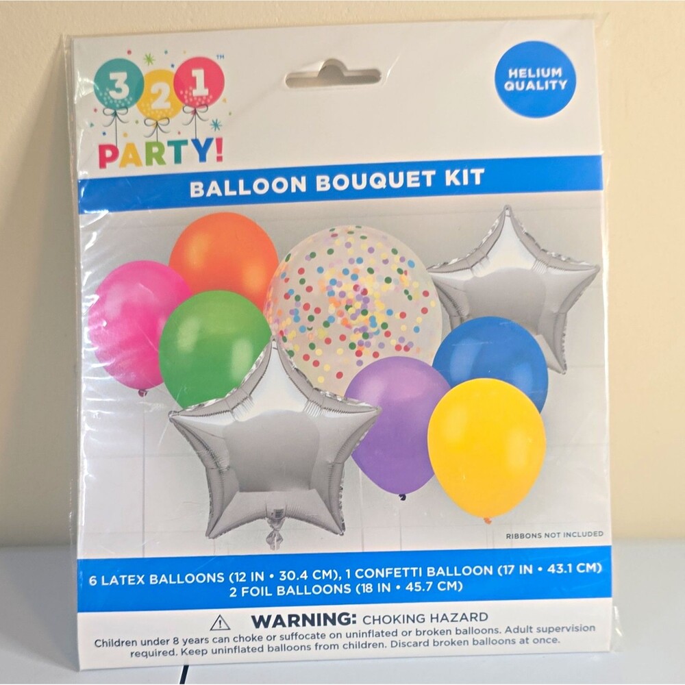 B10 321 Party! Balloon Bouquet Kit 9pc Helium Quality Confetti Latex & Star Foil